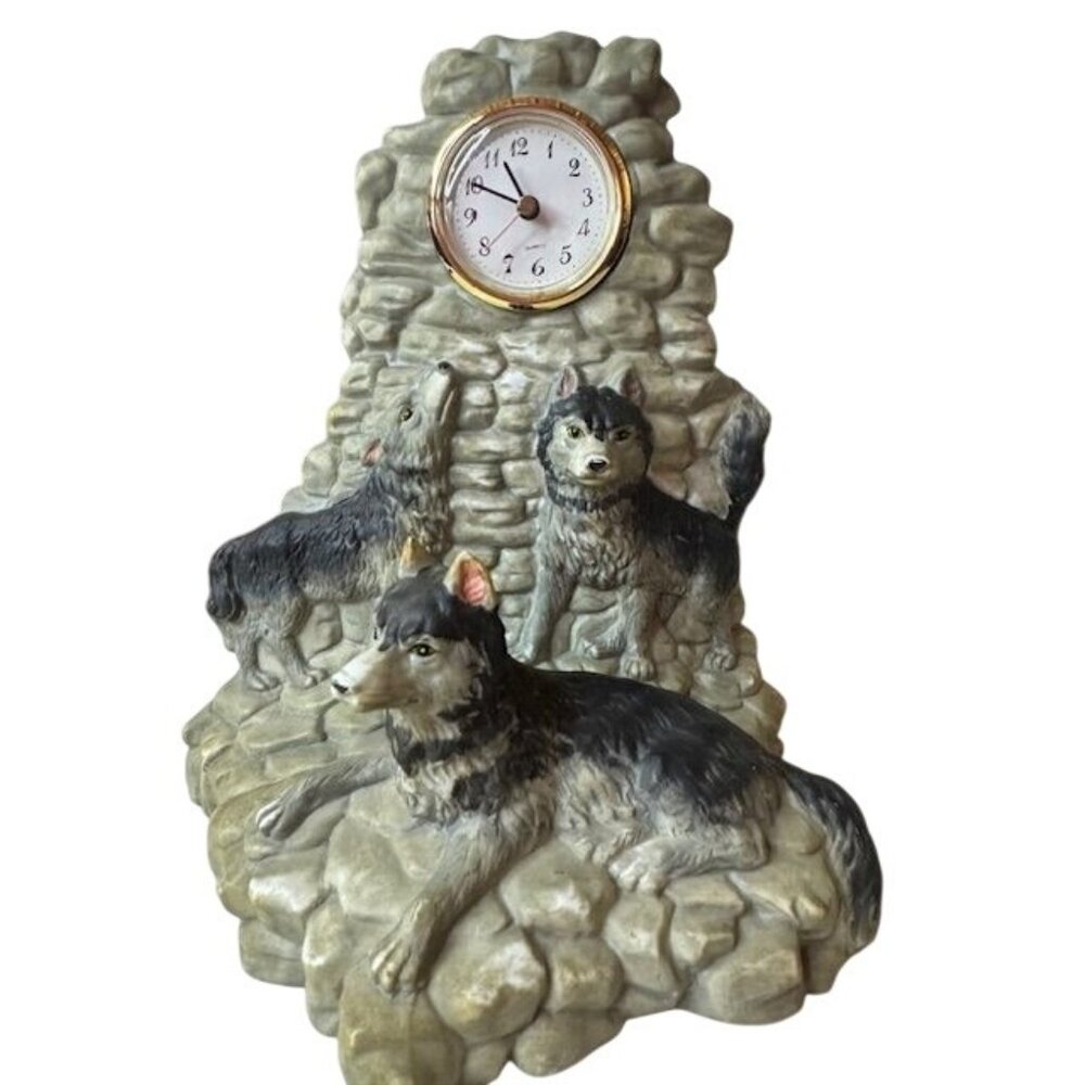 Wolf Figurine Quartz Clock On Stone Base With Three Wolves